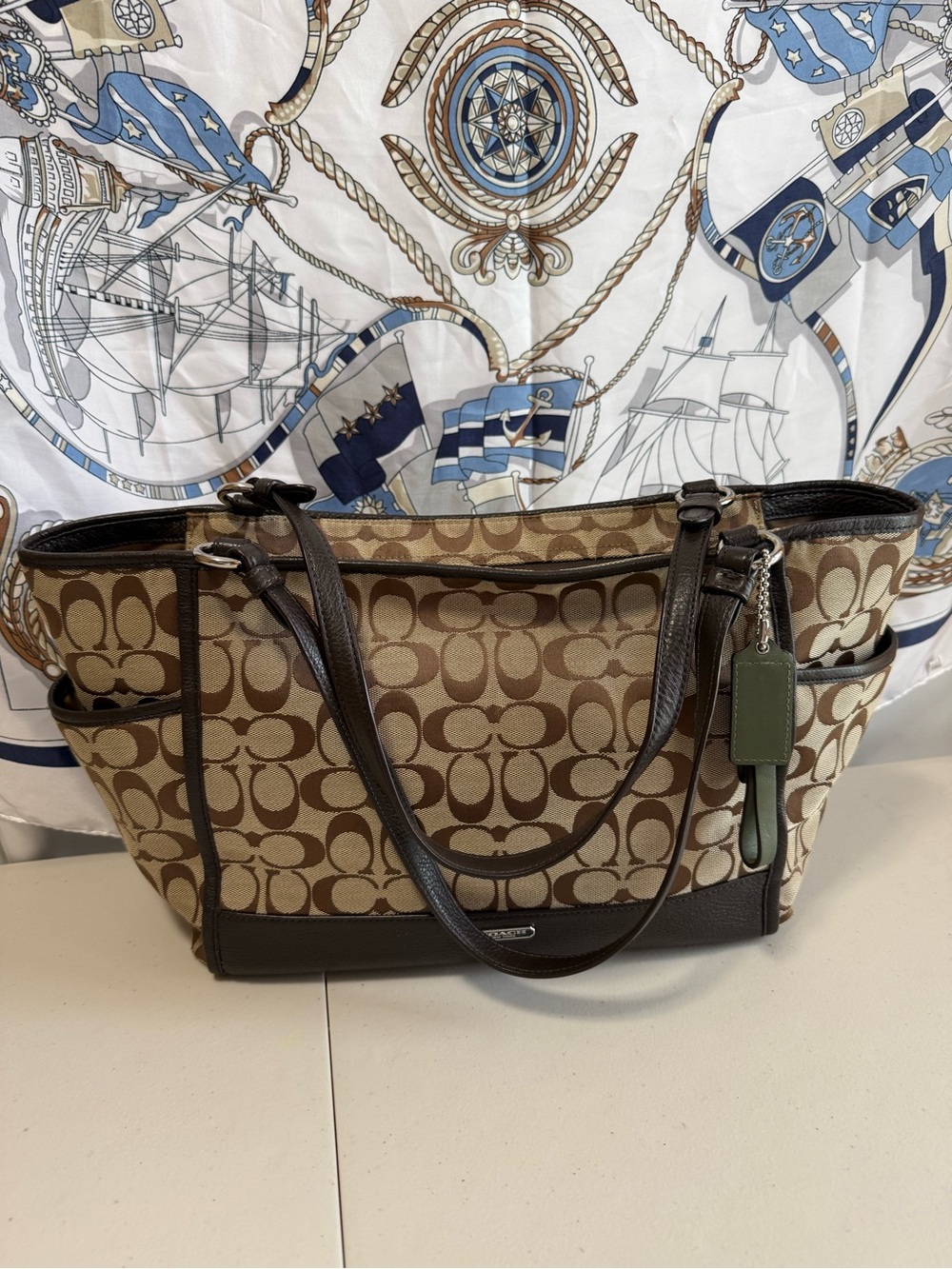 Coach Brown Signature Canvas Tote with Dark Brown Leather Trim